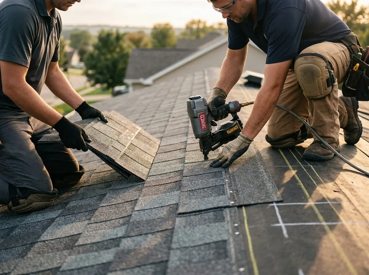 Professional roofer working on a residential roof in Fruitville